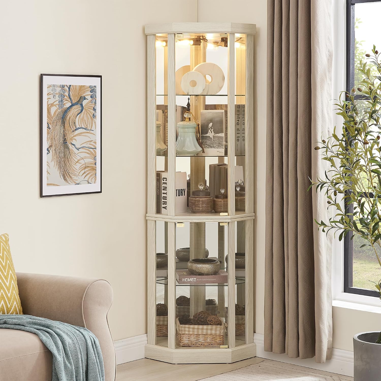 69' H Lighted Corner Display Cabinet, Curio Corner Glass Cabinet w/Adjustable Shelves & Glass Door, 5-Tier Wooden Storage Display Case w/Mirrored Back Pane for Living Room (Antique White)