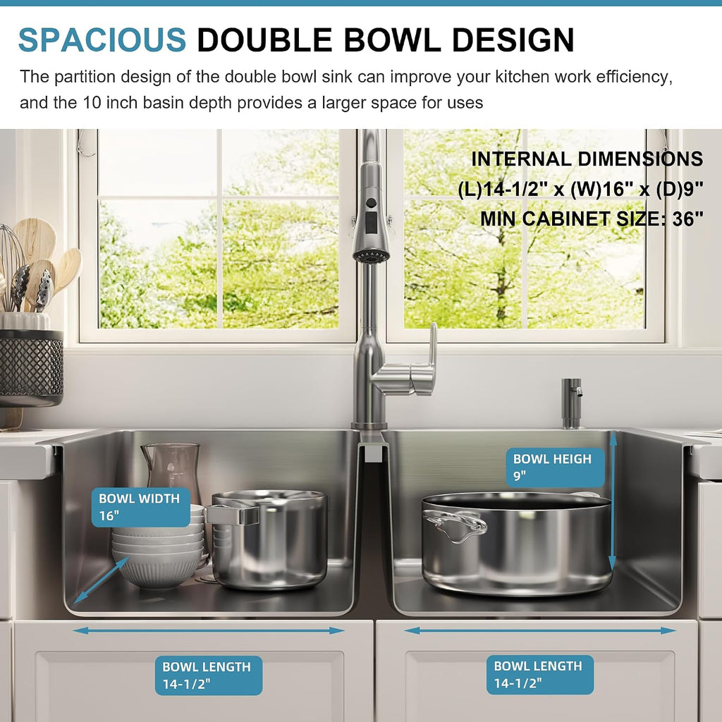 33 Inch Drop In Double Bowl Kitchen Sink, 33x22 Topmount 16 Gauge 304 Stainless Steel 50/50 Commercial Grade Kitchen Sinks, Strainer and Grid Included, 33' x 22' x 9'