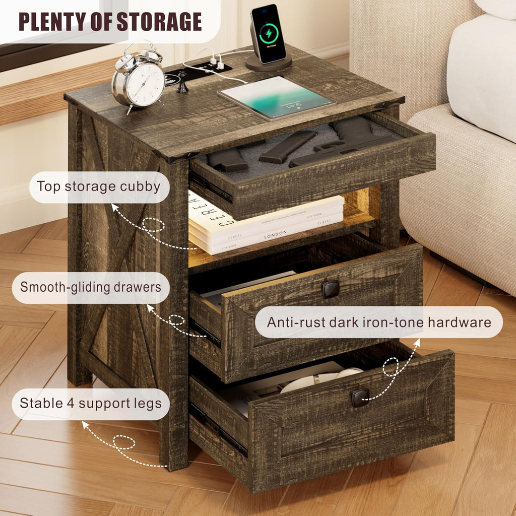 Farmhouse LED Nightstand with Gun Drawer&Invisible Lock,Modern Bedside Table with Human Sensor Design,Rustic Side Table with Wireless Charging for Living Room, Dark Oak