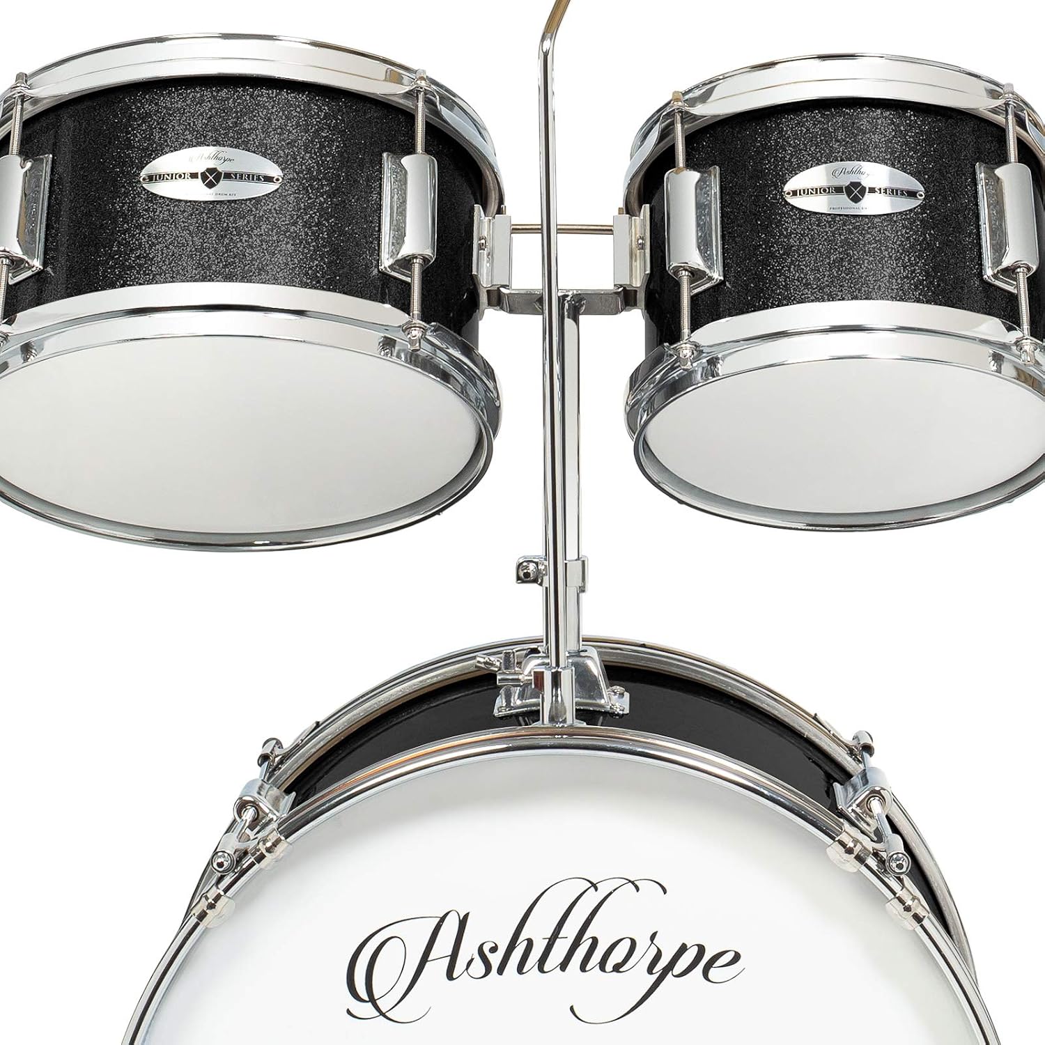 Ashthorpe 5-Piece Complete Junior Drum Set with Genuine Brass Cymbals - Advanced Beginner Kit with 16' Bass, Adjustable Throne, Cymbals, Hi-Hats, Pedals & Drumsticks - Black