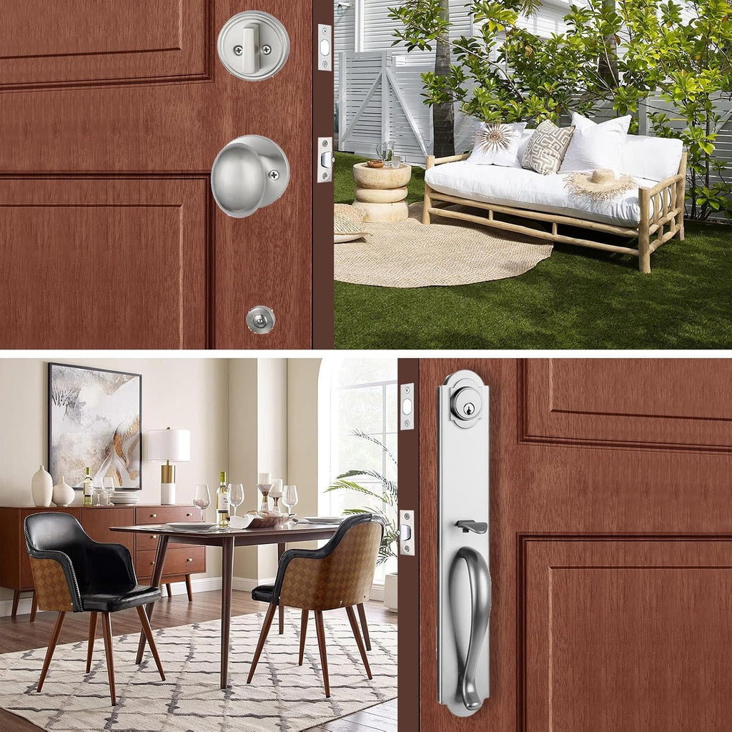 Double Door Handle Set for Front Door, Brushed Nickel Keyed&Dummy Exterior Door Lockset with Deadbolt, Reversible for Right&Left Handed