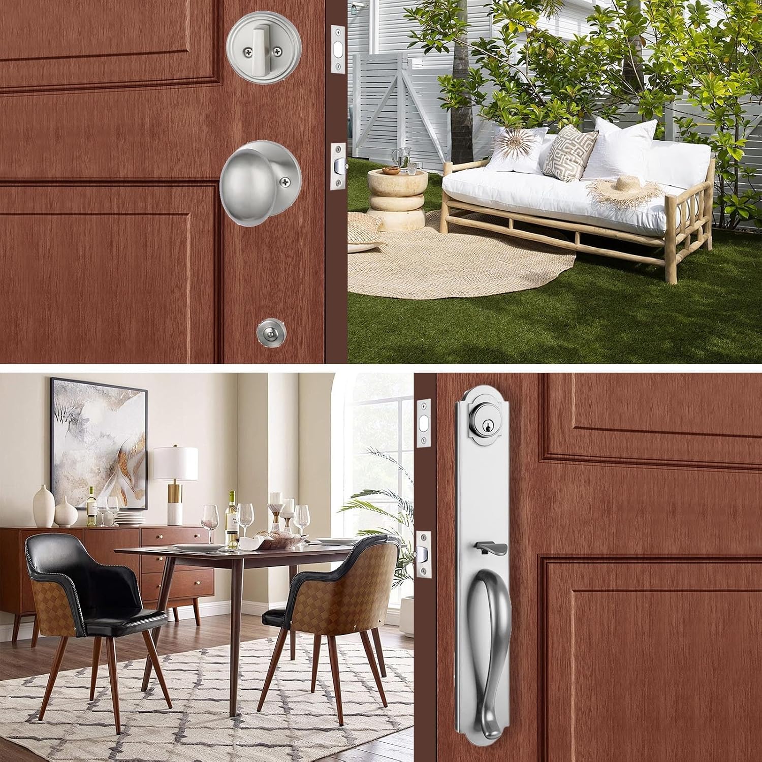Double Door Handle Set for Front Door, Brushed Nickel Keyed&Dummy Exterior Door Lockset with Deadbolt, Reversible for Right&Left Handed