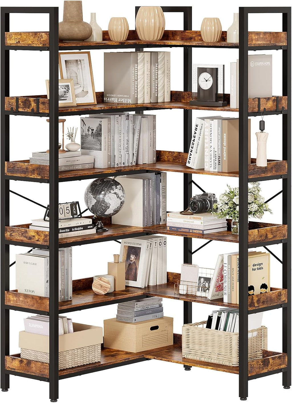 KOUSEI 6-Tier L-Shaped Reversible Corner Bookshelf, 69' Rustic Brown Industrial Wood & Metal Bookcase, Wide Open Shelves + 4 Hooks for Living Room/Bedroom/Home Office