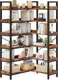 KOUSEI 6-Tier L-Shaped Reversible Corner Bookshelf, 69' Rustic Brown Industrial Wood & Metal Bookcase, Wide Open Shelves + 4 Hooks for Living Room/Bedroom/Home Office