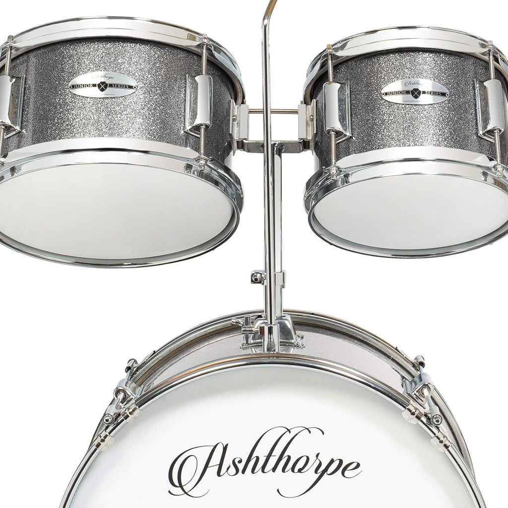 Ashthorpe 5-Piece Complete Junior Drum Set with Genuine Brass Cymbals - Advanced Beginner Kit with 16' Bass, Adjustable Throne, Cymbals, Hi-Hats, Pedals & Drumsticks - Silver