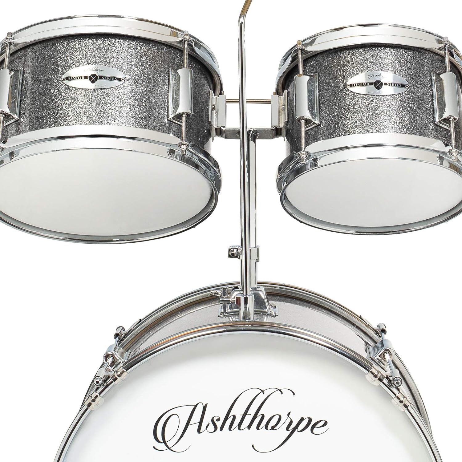 Ashthorpe 5-Piece Complete Junior Drum Set with Genuine Brass Cymbals - Advanced Beginner Kit with 16' Bass, Adjustable Throne, Cymbals, Hi-Hats, Pedals & Drumsticks - Silver