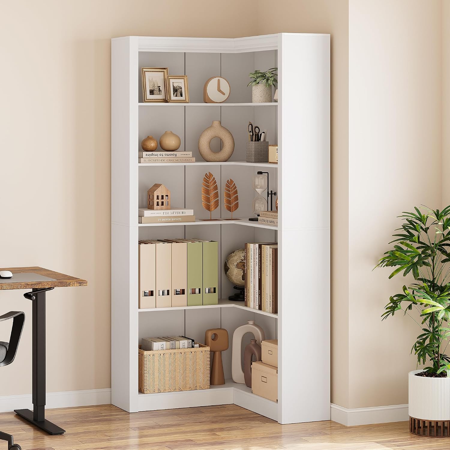GarveeHome Corner Bookshelf, 71.8 in White Corner Bookcase, L-Shaped Bookshelf Large Bookcase, 5 Tier Display Shelf Heavy Duty Bookcases, Bookshelves with Storage