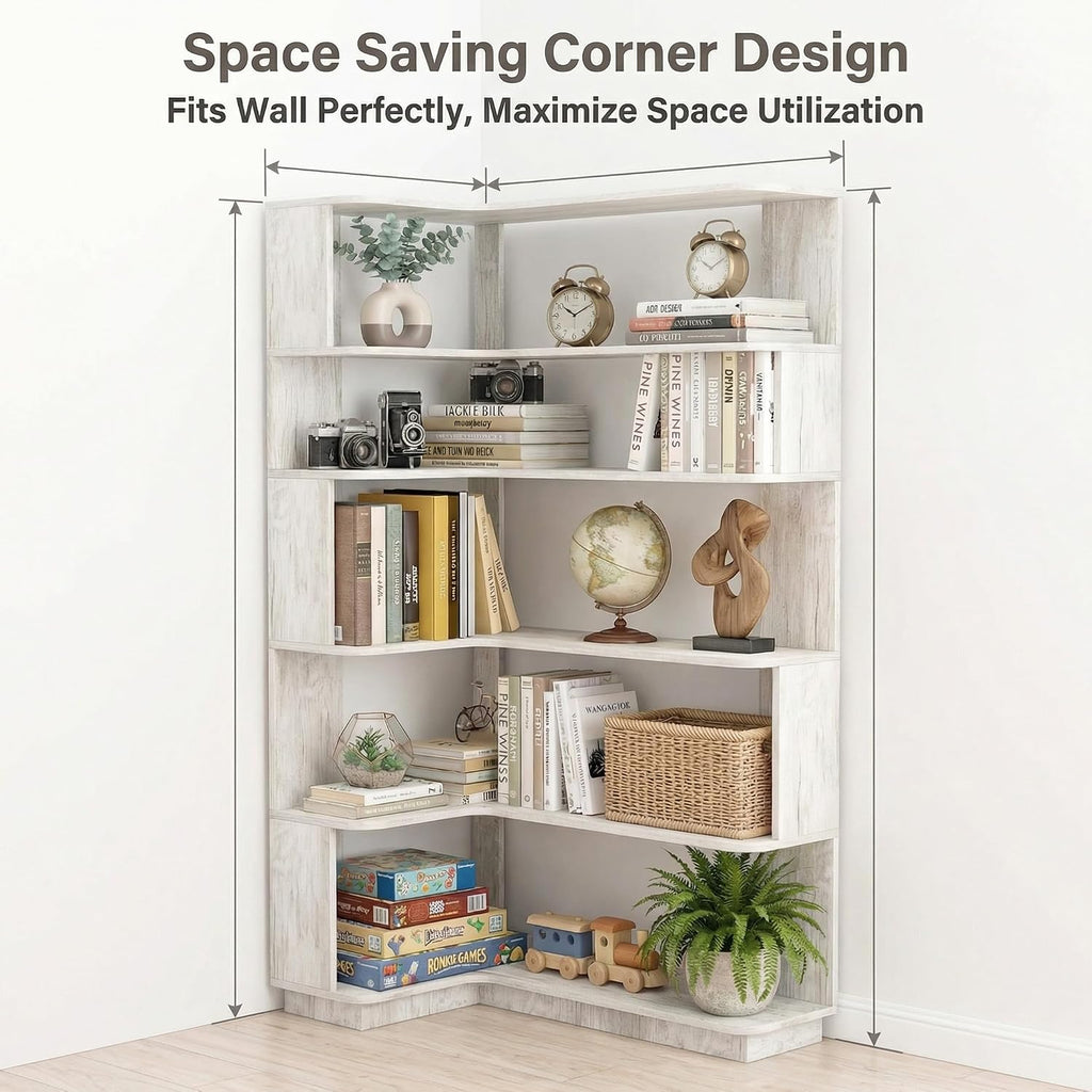 6 Tier Corner Bookshelf, Freestanding L-Shaped Wooden Bookcase with Open Shelves, Anti-Fall Panels and Anti-Tipping Device for Living Room, Home Office (Light Gray with Right Extension)