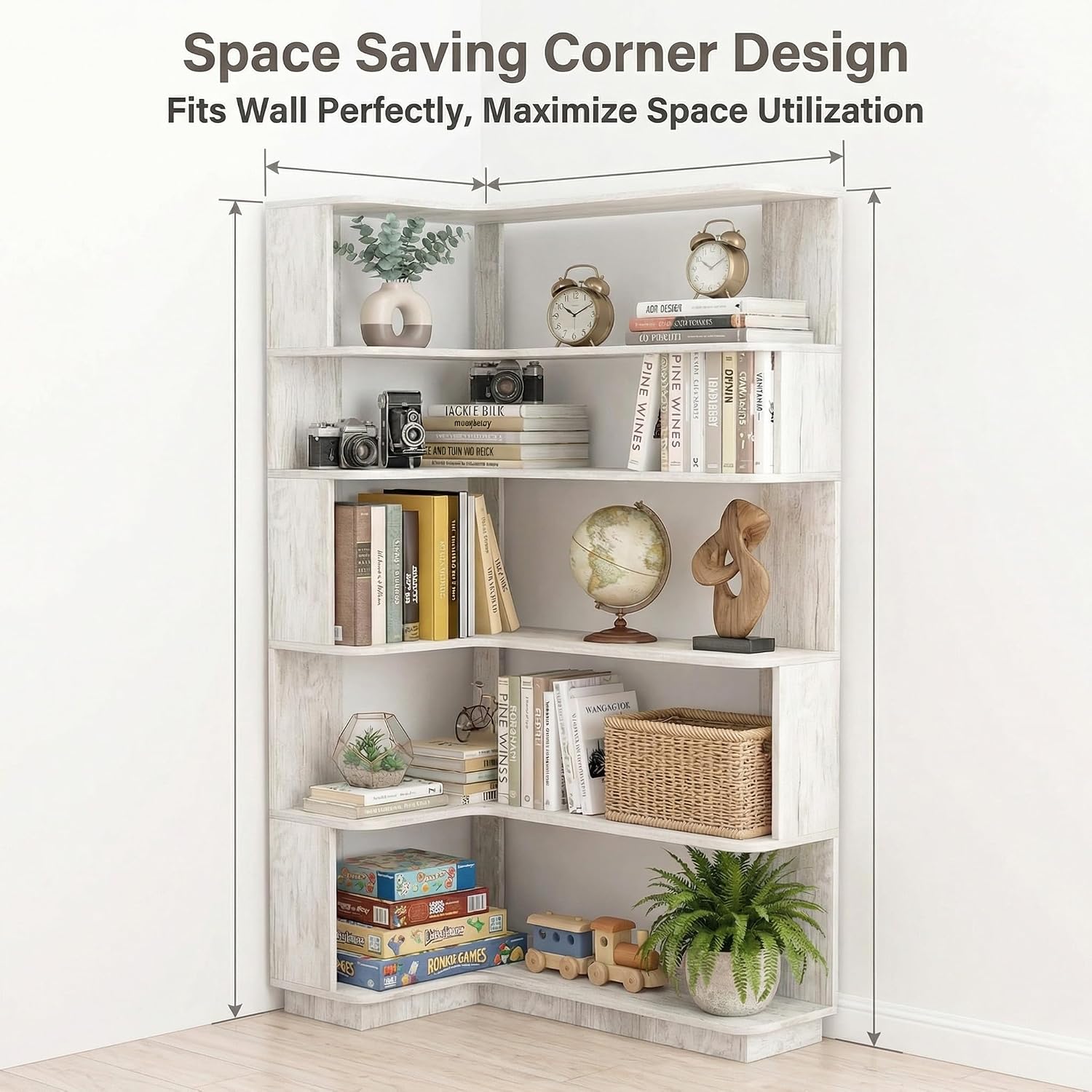 6 Tier Corner Bookshelf, Freestanding L-Shaped Wooden Bookcase with Open Shelves, Anti-Fall Panels and Anti-Tipping Device for Living Room, Home Office (Light Gray with Right Extension)