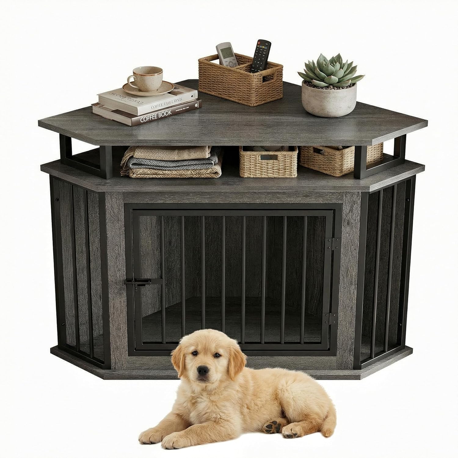 IRONCK 43.3' Corner Dog Crate with 2-Tier Shelves, Wooden Dog Kennel Furniture for TV Stand, Dog Cage Indoor for Small and Medium Dogs, Gray (23.6' L x 43.3' W x 32' H)