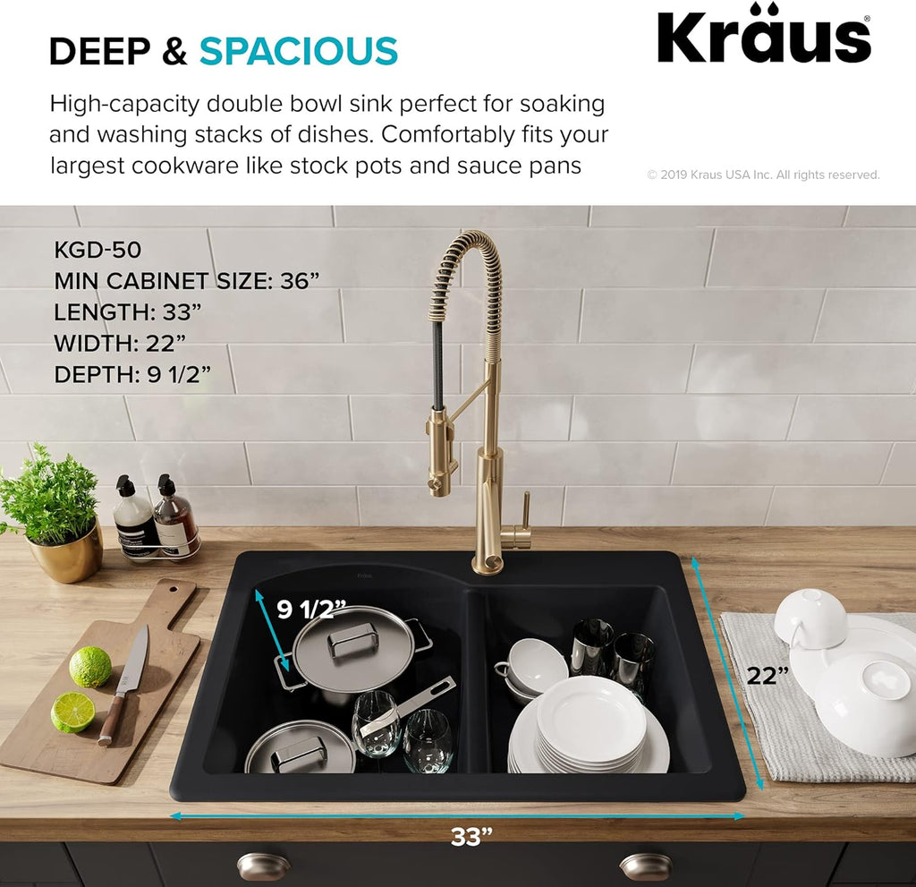 KRAUS Forteza 33-inch Drop In/Undermount 60/40 Double Bowl Granite Kitchen Sink in Grey, KGD-50GREY