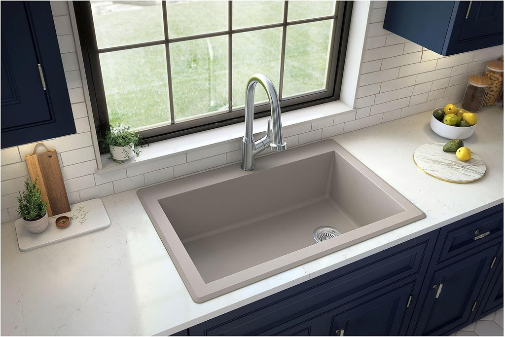 Karran QT-670 Drop-In/Top Mount 33' Single Bowl Granite Quartz Composite Kitchen Sink in Concrete, Right Side Drain, Extra Deep 9' Basin, Heat & Scratch Resistant, Sound Dampening