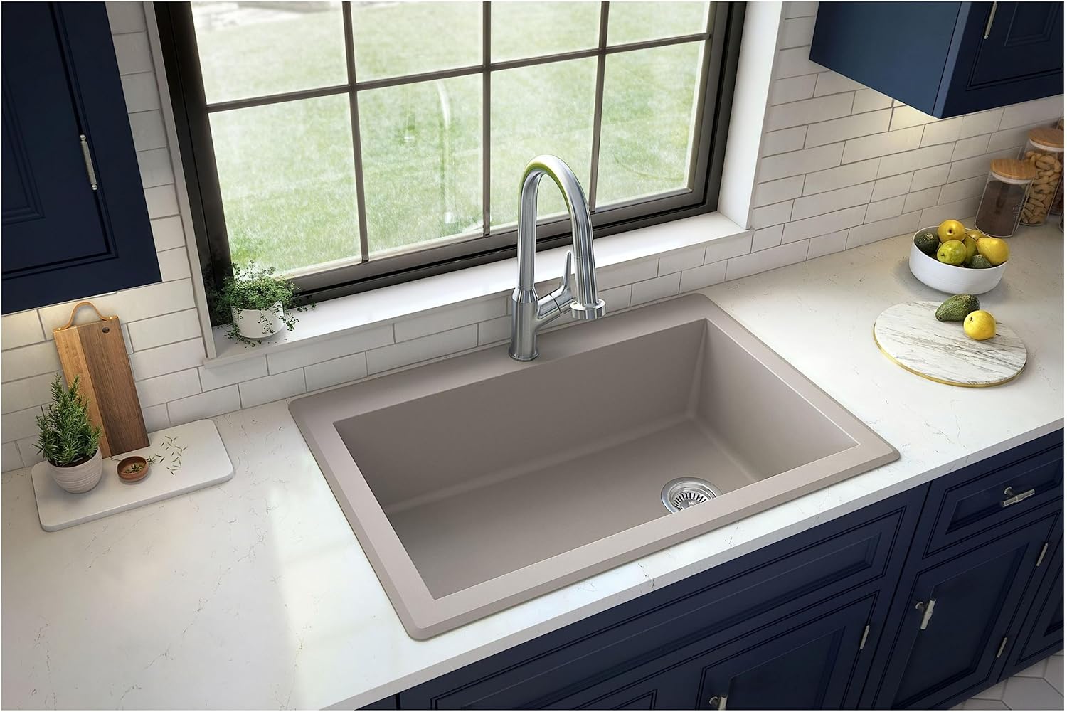 Karran QT-670 Drop-In/Top Mount 33' Single Bowl Granite Quartz Composite Kitchen Sink in Concrete, Right Side Drain, Extra Deep 9' Basin, Heat & Scratch Resistant, Sound Dampening