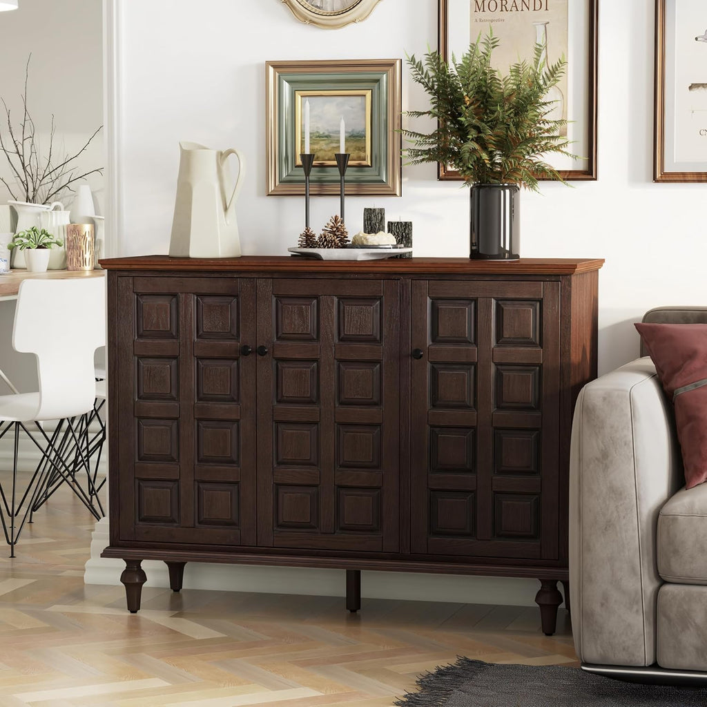 Aoikax Retro 3 Door Storage Cabinet with Plaid Pattern Front, Rustic Side Table for Bedroom, Living Room, Handles, Four Shelves, Pine Wood, Natural Wood, Brown