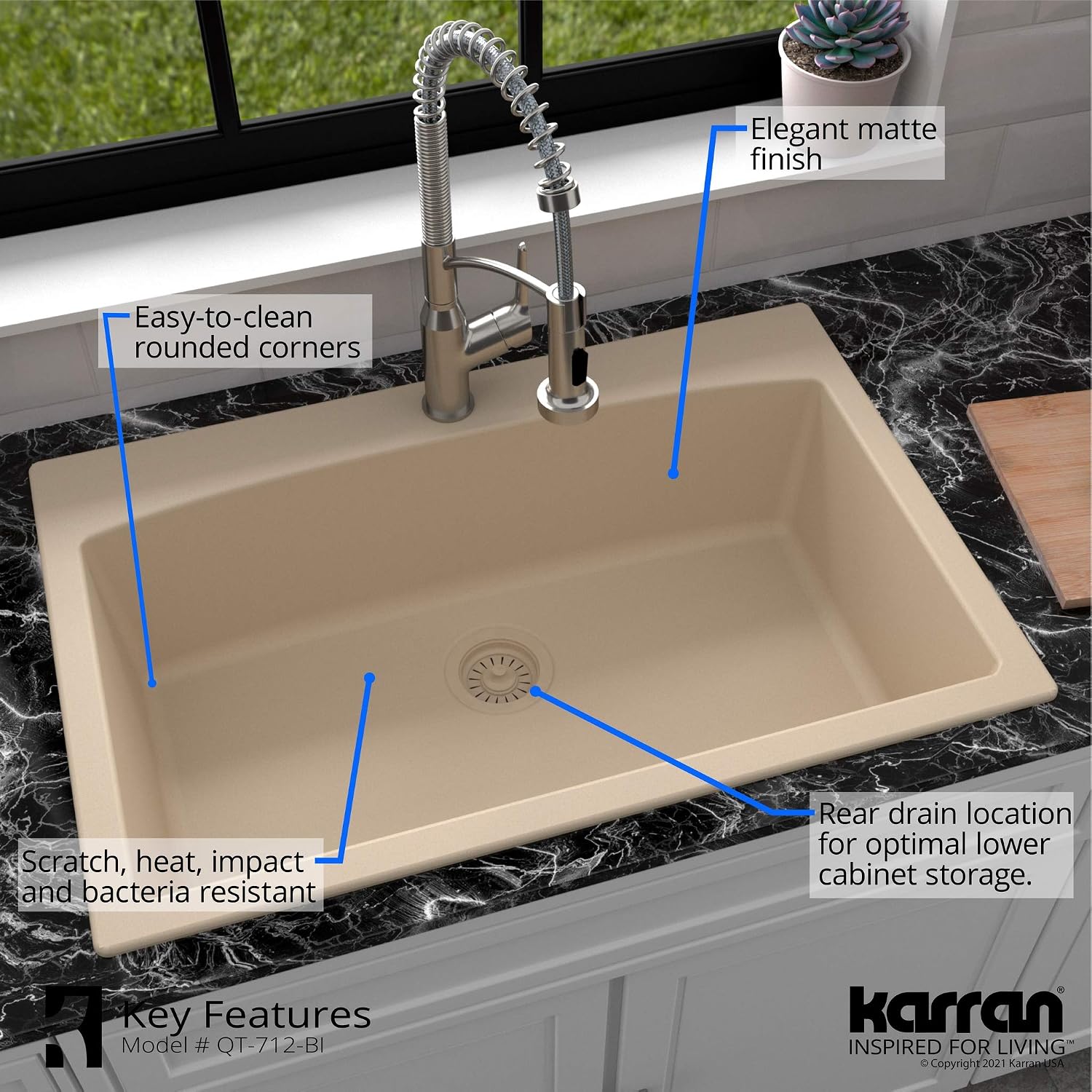 Karran QT-712 Drop-In Quartz Composite 33 in. 1-Hole Single Bowl Kitchen Sink in Bisque