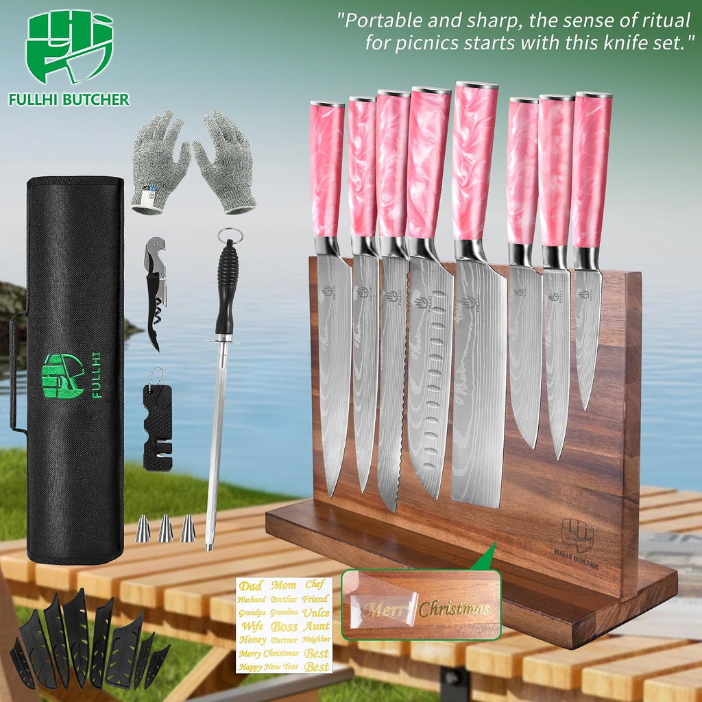 FULLHI 15pcs Japanese Knife Set with Magnetic Knife Block Holder, Stainless Steel Blades, Pink Resin Ergonomic Handles for Professional and Home Cooking