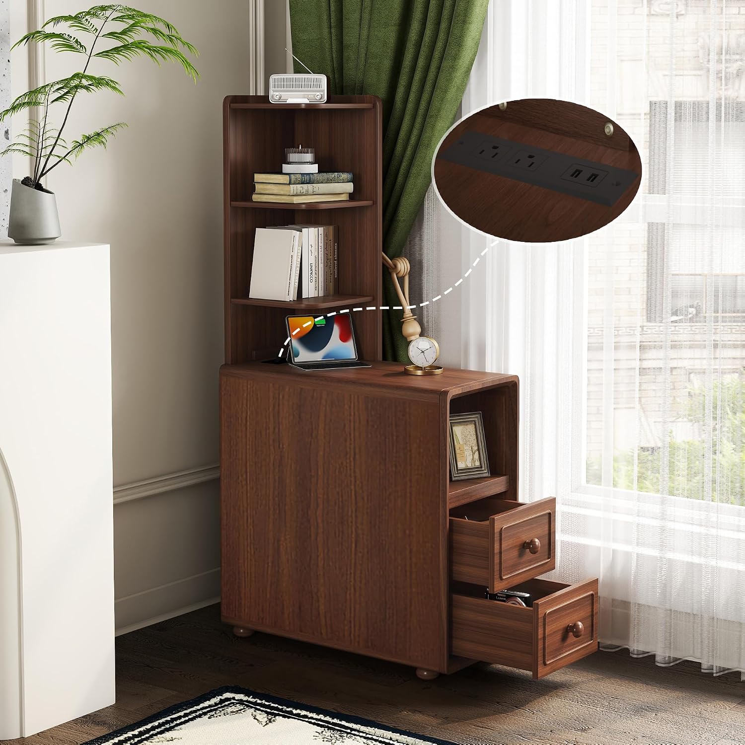 Mirightone Tall End Table with Drawers and Shelves, Narrow Side Table with Charging Station, High Slim Corner Cabinet Bedside Table with Detachable Storage Bookcase for Living Room Bedroom, Walnut