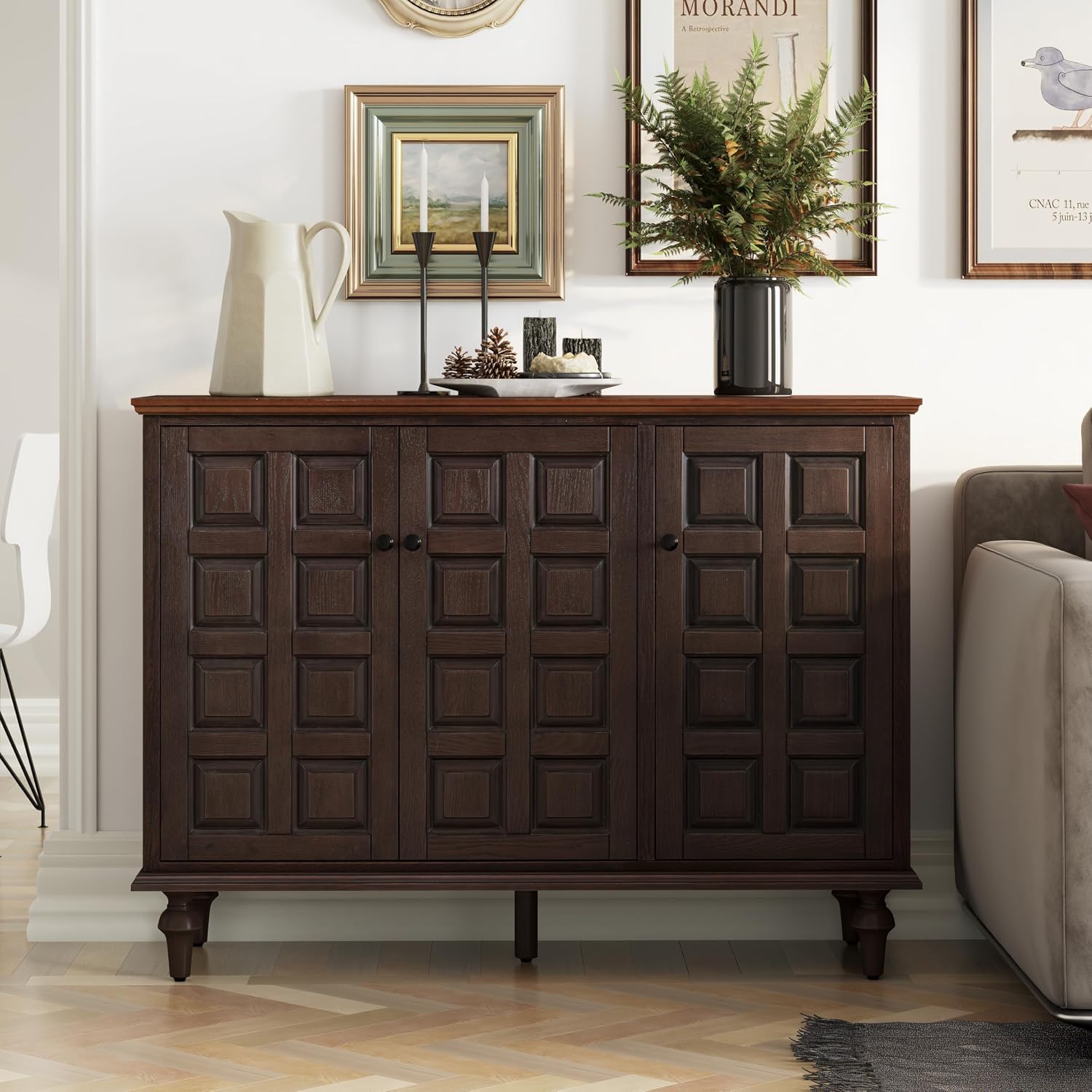 Aoikax Retro 3 Door Storage Cabinet with Plaid Pattern Front, Rustic Side Table for Bedroom, Living Room, Handles, Four Shelves, Pine Wood, Natural Wood, Brown