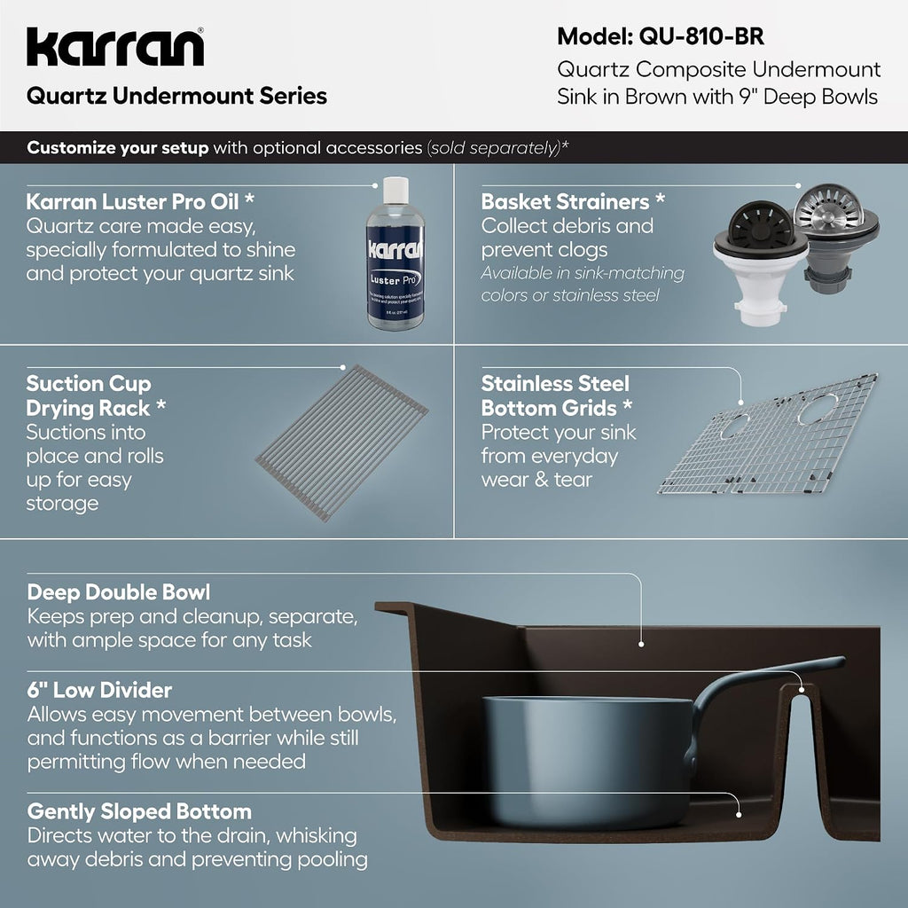 Karran 32' Brown Quartz Composite Undermount Double Bowl Kitchen Sink with Low Divider – 50/50 Equal Bowl, 80% Natural Quartz, 535°F Heat Resistant, Sound Dampening, QU-810