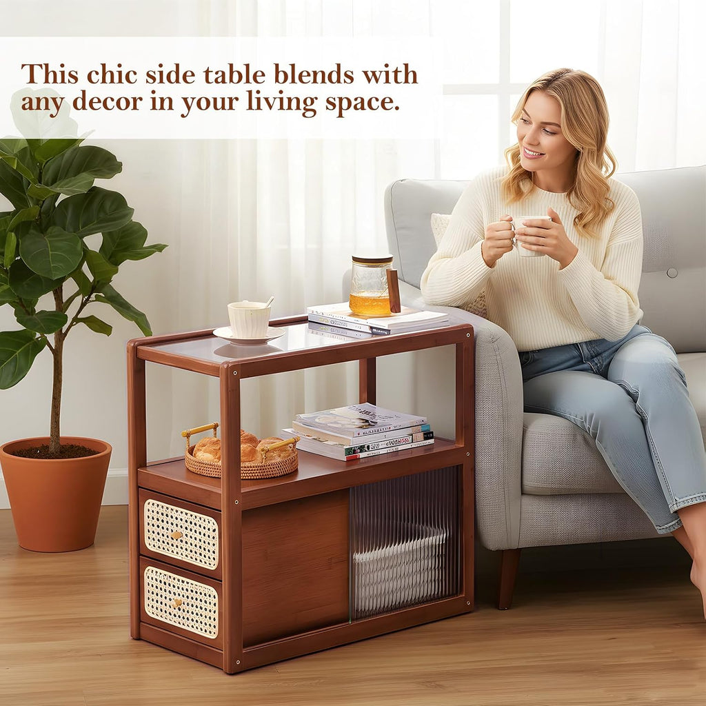 Tiita Rattan Nightstand Side Table, Bamboo Accent Bedside Tables, Glass Coffee Tables, Boho Wooden End Table with Storage for Small Space, Living Room and Bedroom