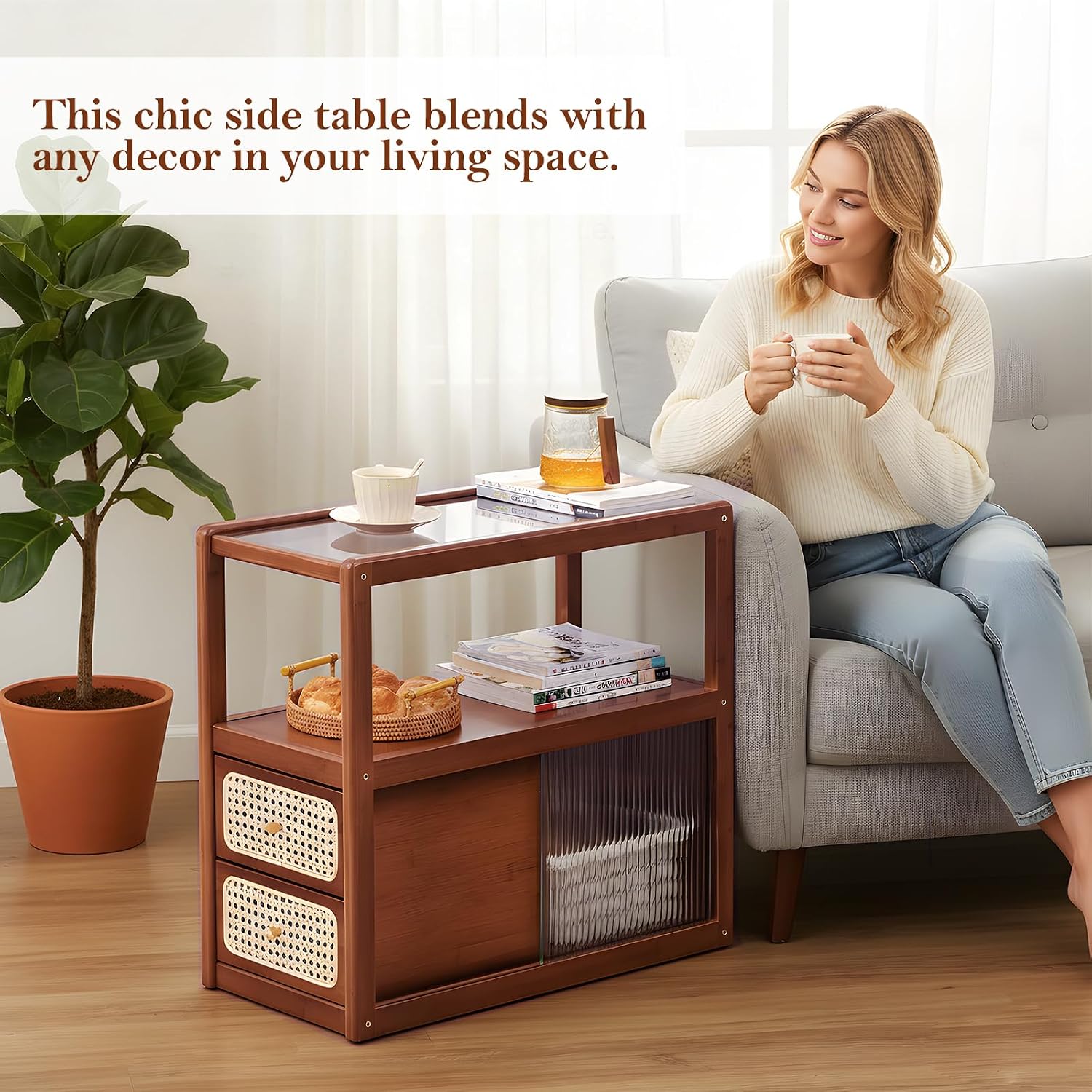 Tiita Rattan Nightstand Side Table, Bamboo Accent Bedside Tables, Glass Coffee Tables, Boho Wooden End Table with Storage for Small Space, Living Room and Bedroom