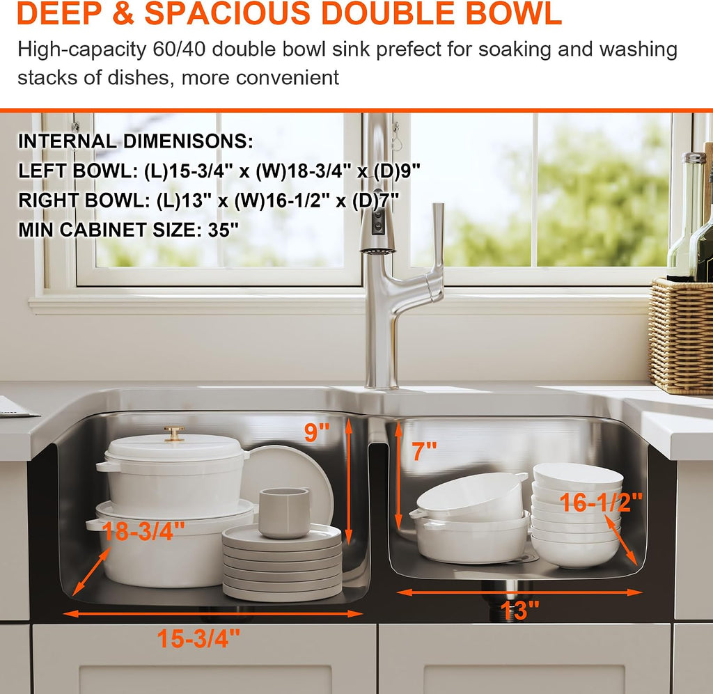 32 Inch Undermount Double Bowl 60/40 Kitchen Sink 18 Gauge Stainless Steel Curved Shape Brushed Nickel Sink 32' x 20' x 9' (Sink Only)