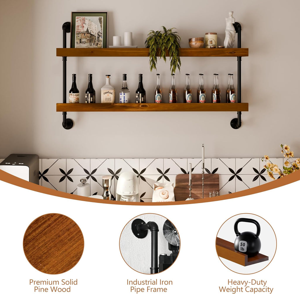 Industrial Wine Rack Wall Mounted, Solid Wood Shelf with Metal Pipe Brackets, 2-Tier Rustic Hanging Organizer for Wine Bottle Storage in Kitchen, Bar, Pub, Cellar(Walnut Brown, 48 Inch)
