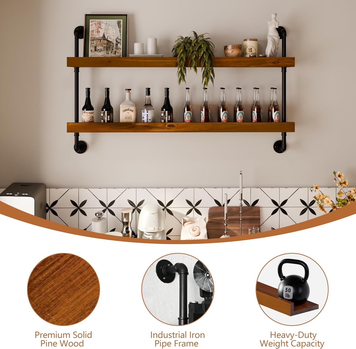 Industrial Wine Rack Wall Mounted, Solid Wood Shelf with Metal Pipe Brackets, 2-Tier Rustic Hanging Organizer for Wine Bottle Storage in Kitchen, Bar, Pub, Cellar(Walnut Brown, 48 Inch)