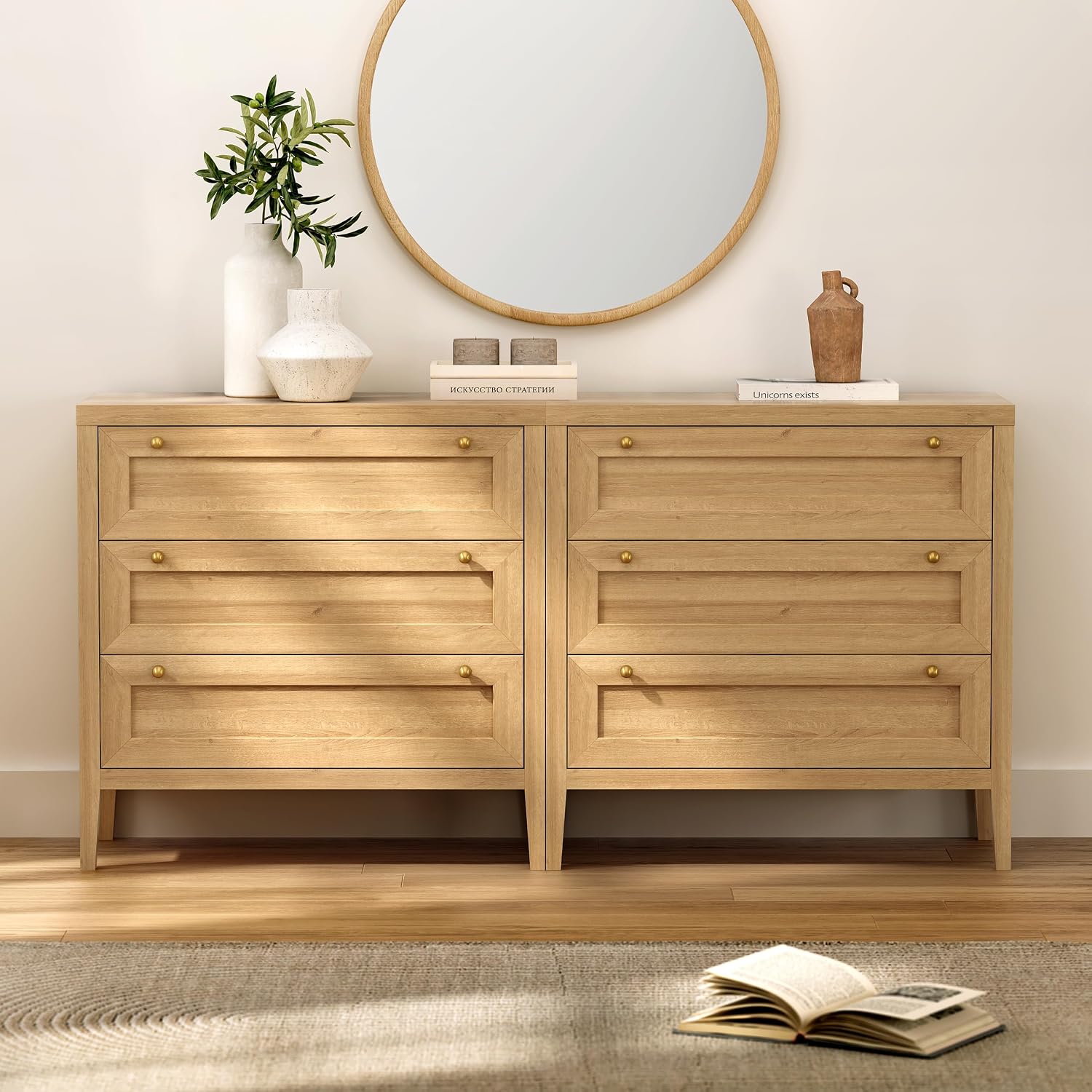 EYYTHUNG Modern 3 Drawer Dresser for Bedroom, Chest of Drawers with Golden Handles, Wood Tall Nightstand, Storage Dresser Cabinet Side Table for Living Room, Hallway, Natural Oak