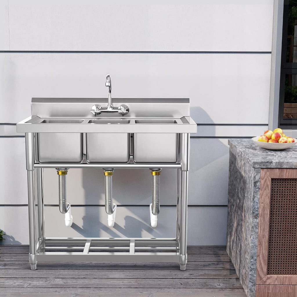 YITAHOME Freestanding Commercial 3 Bay Kitchen Under bar Sink NSF Stainless Steel 3 Compartment Bowl Outdoor Sink with Storage Shelve, Backsplash for Restaurant, Food Truck & Home (39'x 18'x 37')
