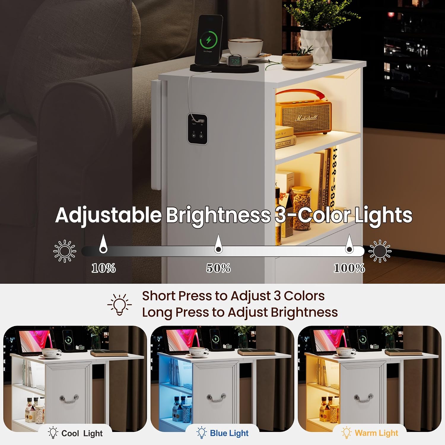 Dystler Side Table Set of 2 with Charging Station and LED Lights, 27.5' Tall Rolling End Table with Drawers and Shelves, Narrow Nightstand with Wheels for Small Space, Living Room, Bedroom, White