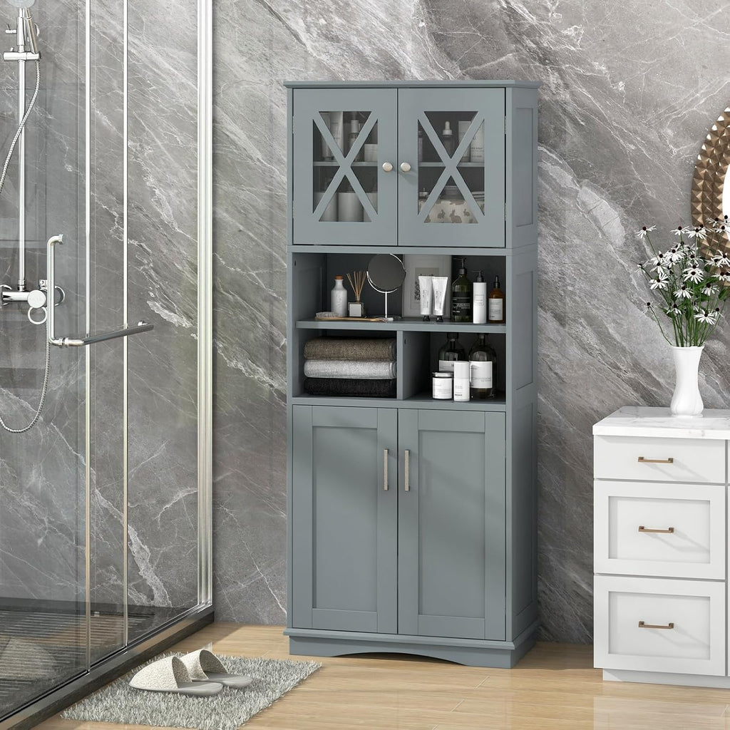 Tangkula Tall Bathroom Cabinet, Modern Kitchen Cupboard Pantry with Adjustable Shelves, 2 Acrylic Doors & 3 Open Cubes, Large Floor Storage Cabinet for Bathroom Living Room (23.5 x 12 x 57 Inch,Grey)