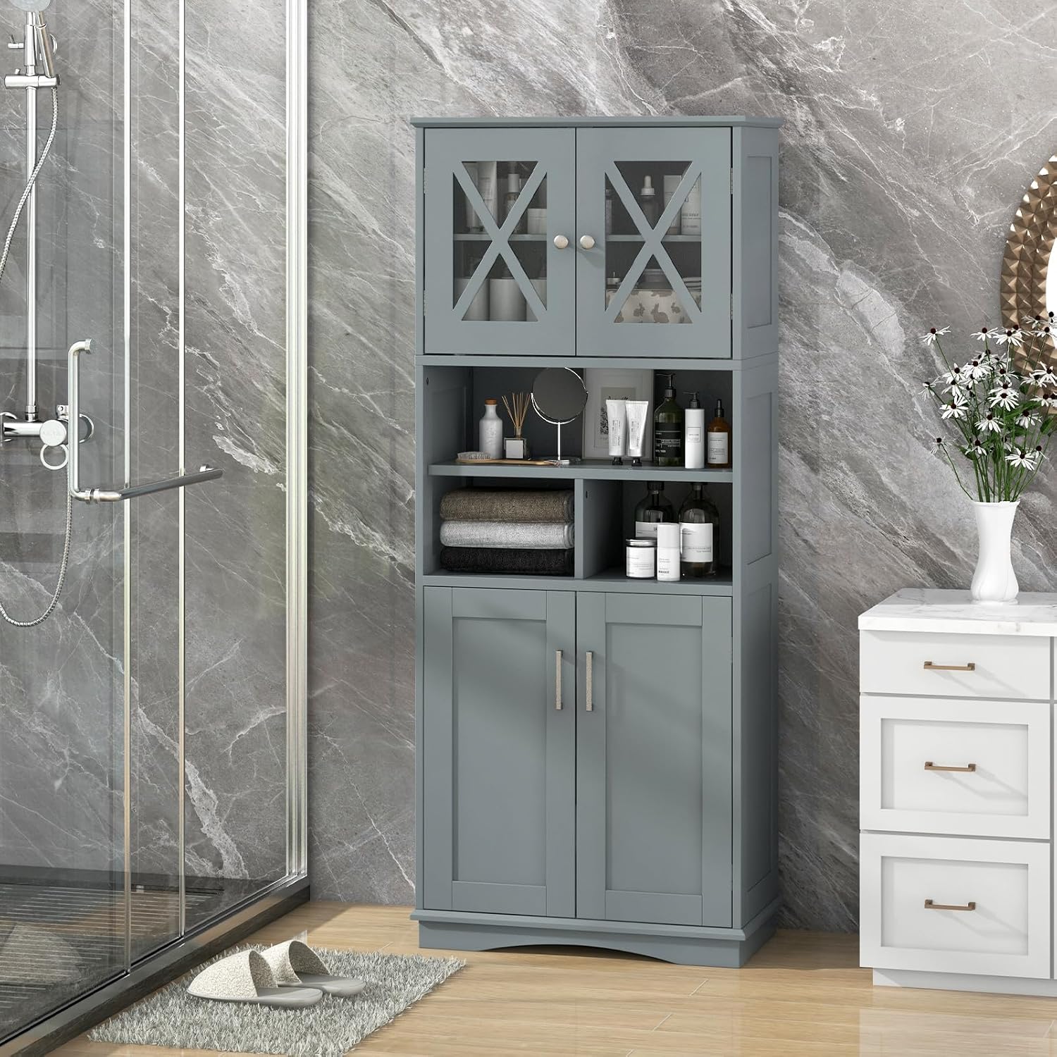 Tangkula Tall Bathroom Cabinet, Modern Kitchen Cupboard Pantry with Adjustable Shelves, 2 Acrylic Doors & 3 Open Cubes, Large Floor Storage Cabinet for Bathroom Living Room (23.5 x 12 x 57 Inch,Grey)