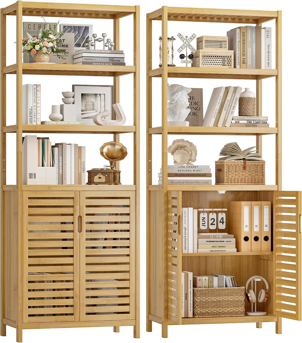 HIFIT 2 Set Tall Shelf Unit Bamboo Storage Cabinet with Doors, 5-Tier Bookshelves and Bookcases with Storage and Display, 67' Tall Cabinet w/Plant Stand for Bathroom,Living Room,Kitchen Dining,Balcony