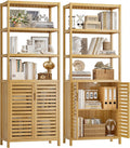 HIFIT 2 Set Tall Shelf Unit Bamboo Storage Cabinet with Doors, 5-Tier Bookshelves and Bookcases with Storage and Display, 67' Tall Cabinet w/Plant Stand for Bathroom,Living Room,Kitchen Dining,Balcony