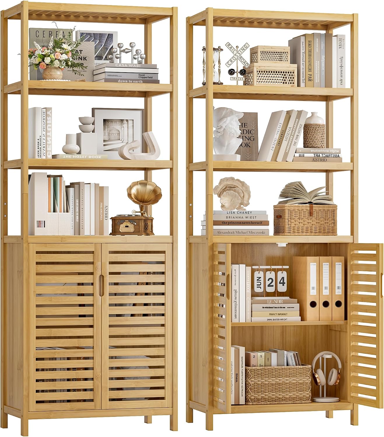 HIFIT 2 Set Tall Shelf Unit Bamboo Storage Cabinet with Doors, 5-Tier Bookshelves and Bookcases with Storage and Display, 67' Tall Cabinet w/Plant Stand for Bathroom,Living Room,Kitchen Dining,Balcony