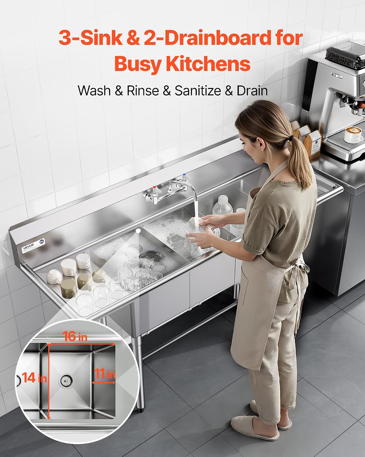 VEVOR 3 Compartment Sink, 18-Gauge 304 Stainless Steel, 14' x 16' x 11' Bowl Size, 3 Bay Commercial Kitchen Prep & Utility Sink with 2 Drainboards and Backsplash for Restaurant, Food Truck & Home Use