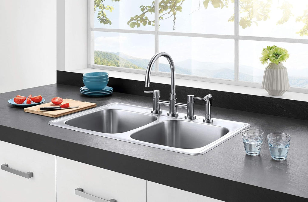 Kingston Brass Gourmetier GKTD33226 Studio Self-Rimming Double Bowl Kitchen Sink, 33-Inch L × 22-Inch W × 6-Inch H, Brushed Stainless Steel