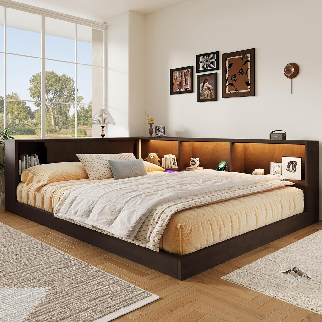 Merax Queen Size Daybed Frame with Storage Shelves for Kids, Teens or Adults, Wooden Corner Bed Sofa Bed with USB Ports and LED for Living Room or Bedroom, No Slat, Brown
