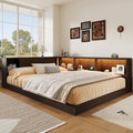 Merax Queen Size Daybed Frame with Storage Shelves for Kids, Teens or Adults, Wooden Corner Bed Sofa Bed with USB Ports and LED for Living Room or Bedroom, No Slat, Brown