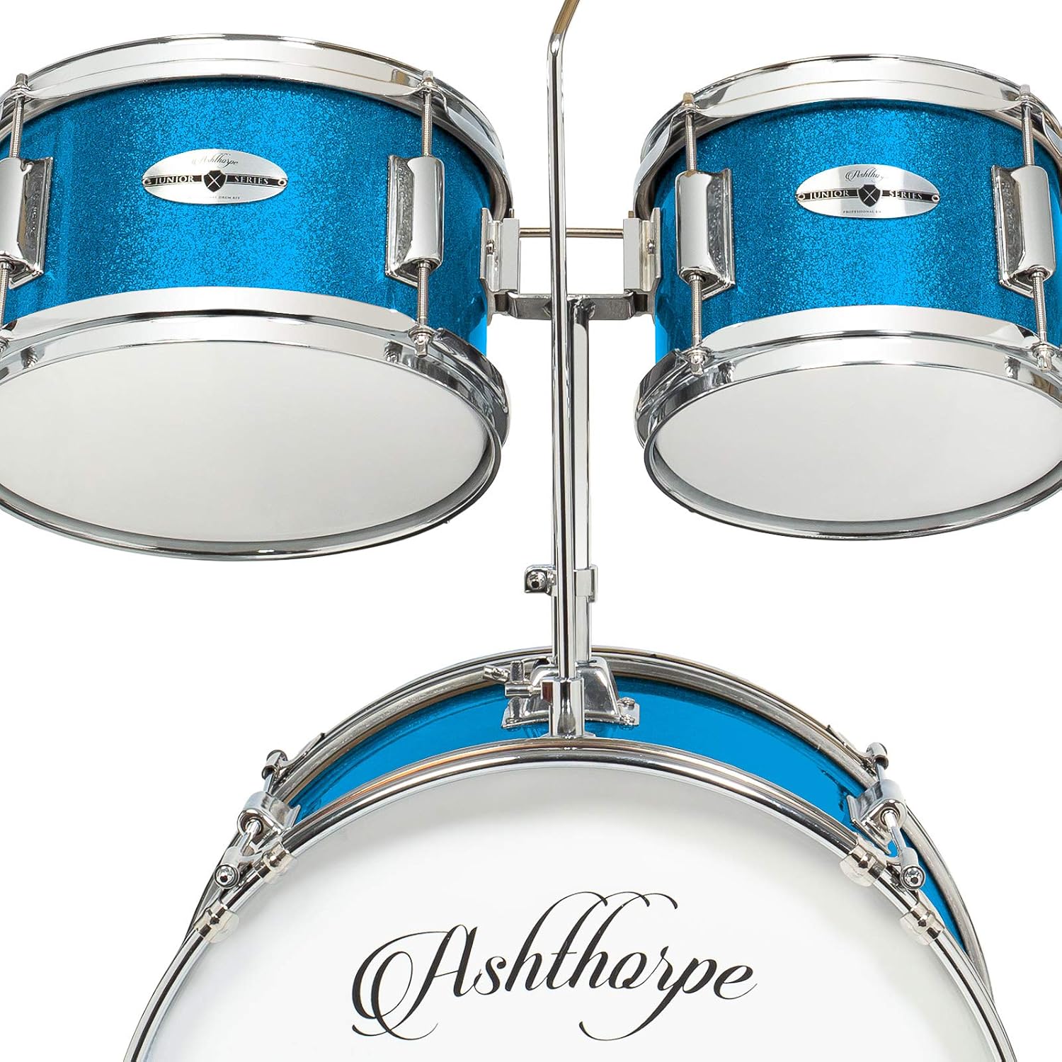 Ashthorpe 5-Piece Complete Junior Drum Set with Genuine Brass Cymbals - Advanced Beginner Kit with 16' Bass, Adjustable Throne, Cymbals, Hi-Hats, Pedals & Drumsticks - Blue