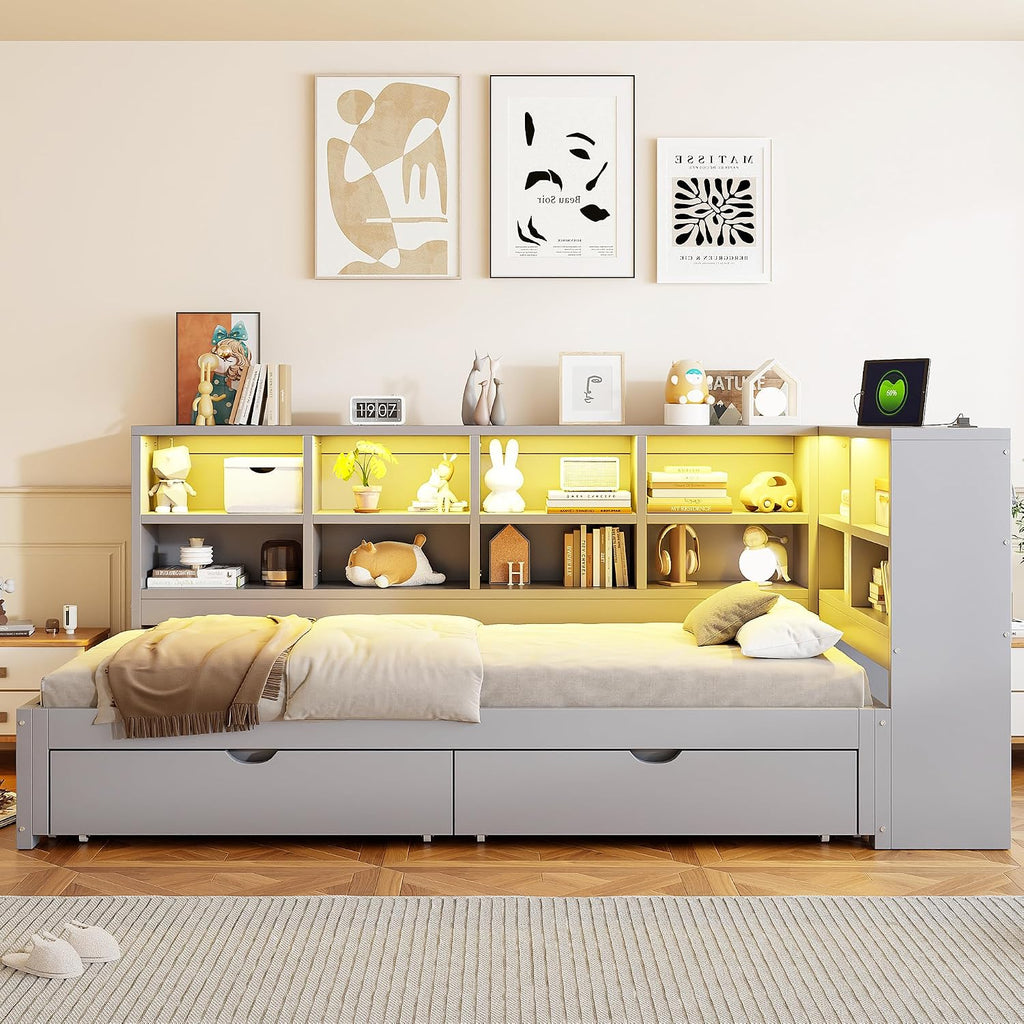 Merax Twin XL to King Size Daybed with Two Storage Drawers and Light, Wooden L-Shaped Corner Bed Sofa Bed with Storage Shelves and USB Ports, No Box Spring Needed, Gray