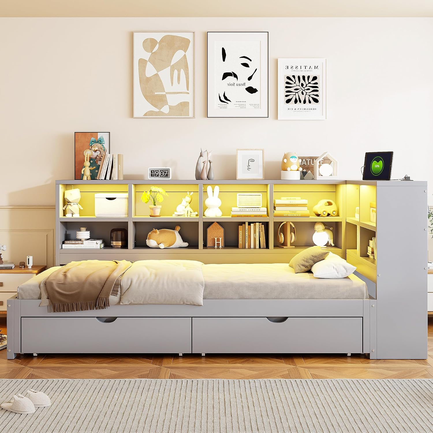 Merax Twin XL to King Size Daybed with Two Storage Drawers and Light, Wooden L-Shaped Corner Bed Sofa Bed with Storage Shelves and USB Ports, No Box Spring Needed, Gray