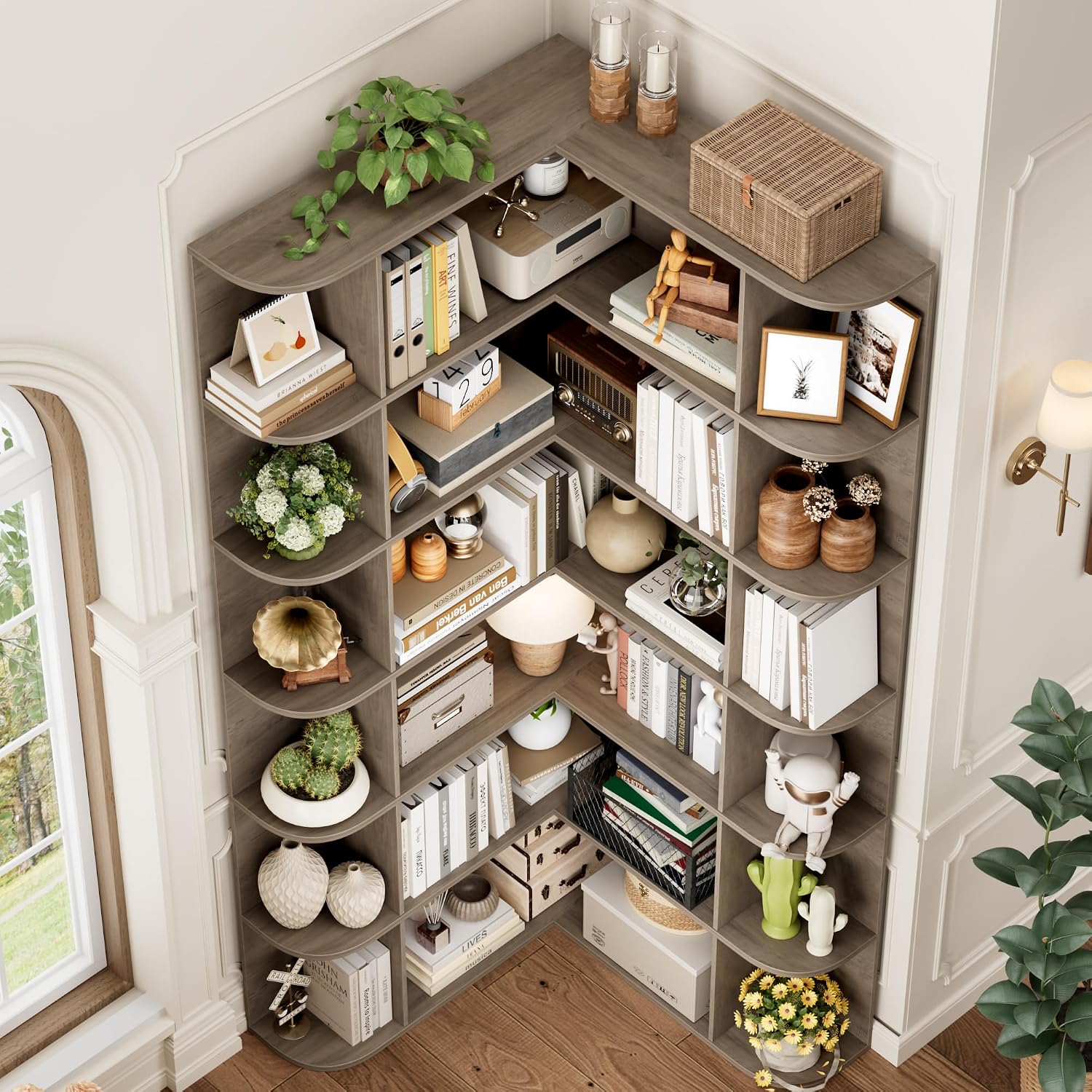 FOTOSOK 72' Tall Corner Bookshelf, 6-Tier Bookshelf and Bookcase with Open Storage, Tall Bookcases Wooden Storage Shelves for Home Office, Thickened Boards for Better Load Bearing, Vintage Grey