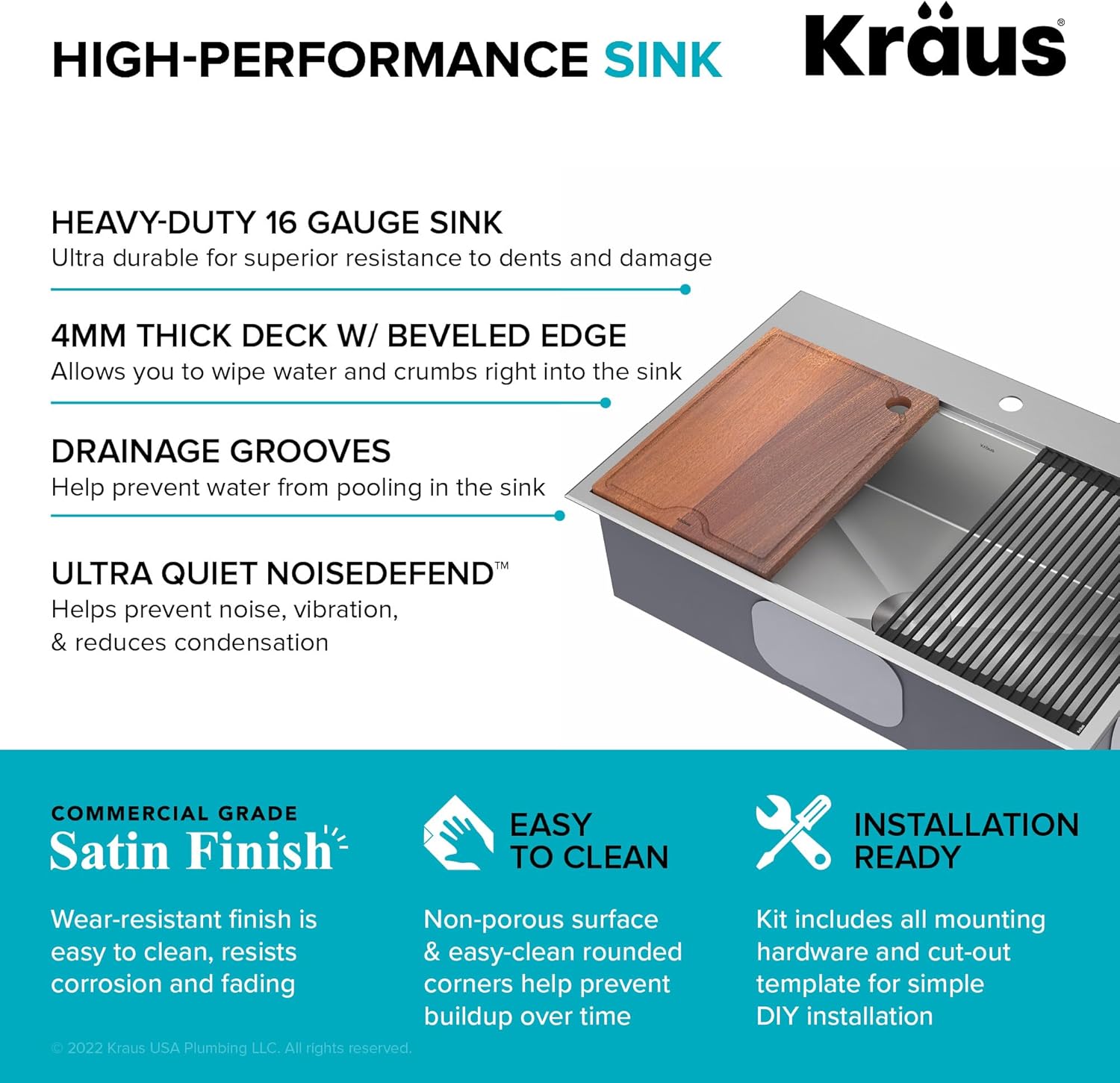 KRAUS Kore 33-in Drop-In Workstation 16 Gauge Stainless Steel Single Bowl Kitchen Sink with Accessories