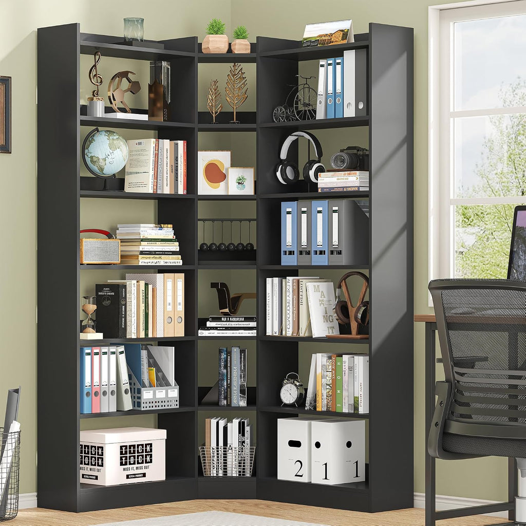 70.8' Tall Corner Bookshelf, 7 Tiers Large Etagere Bookcases with Baffles, L-Shaped Modern Storage Display Rack Industrial Bookshelves for Bedroom, Home Office, Living Room & Kitchen, Black