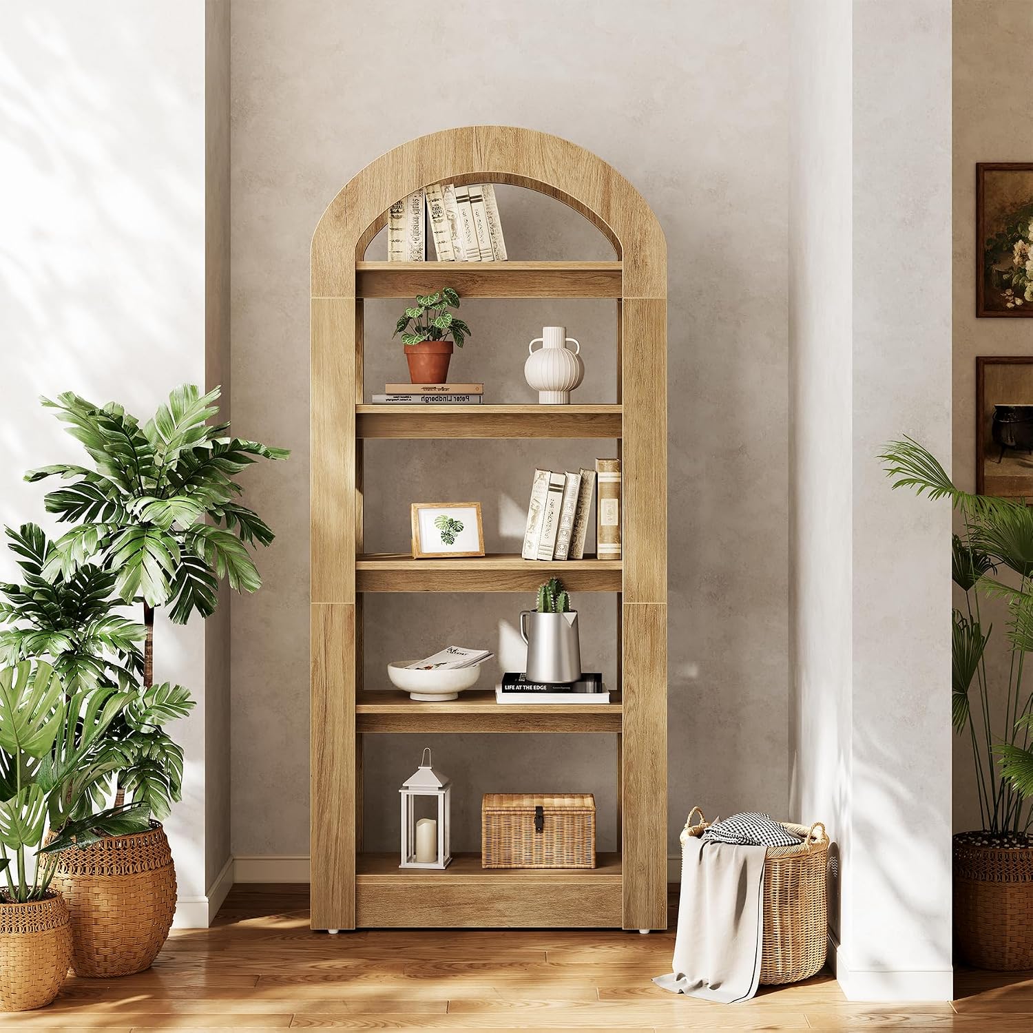 LITTLE TREE 5-Tier Bookshelf, Arch-Shaped Racks, Tall Standing Wooden Bookcase Display Shelf Modern Storage Solution (2, Teak Color)