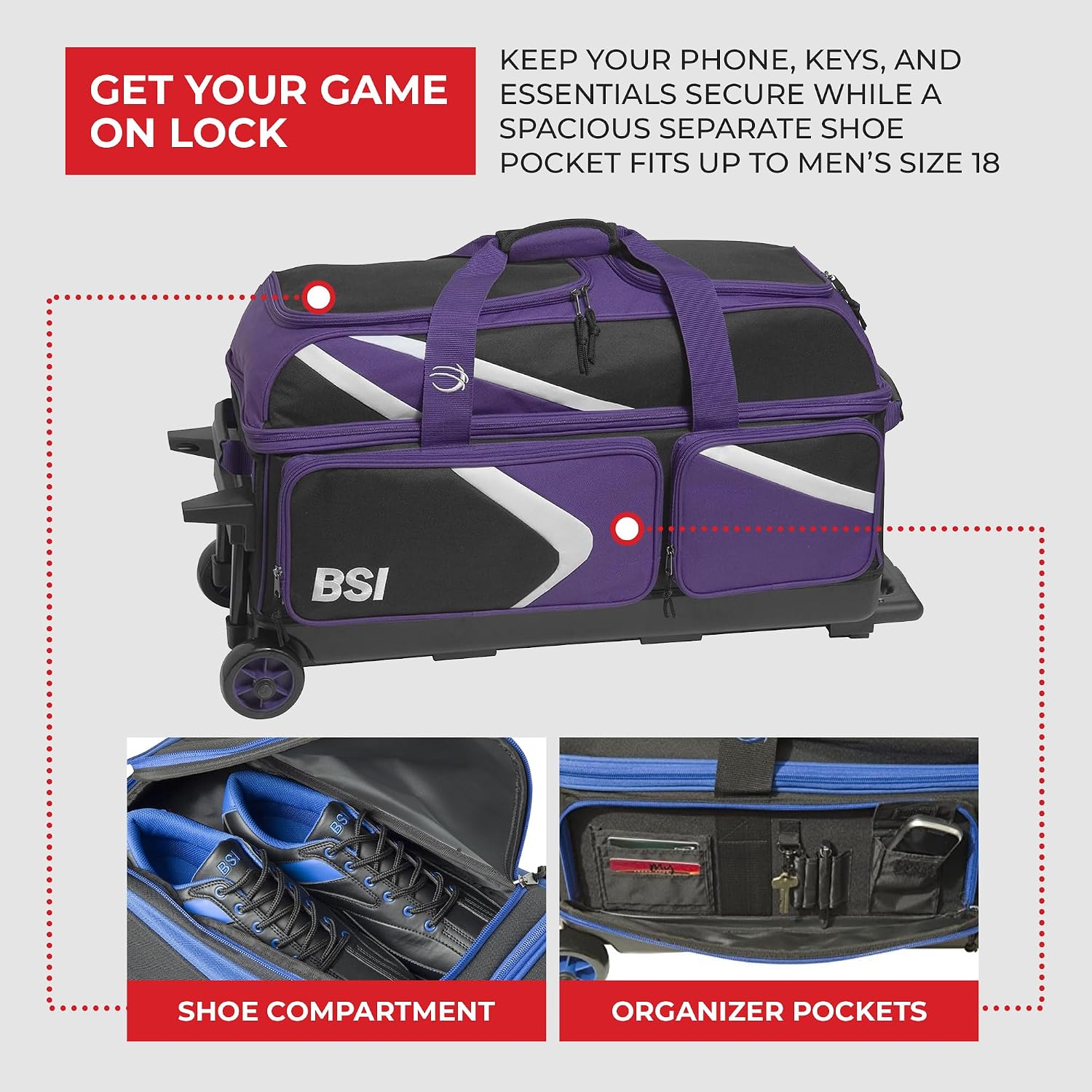 BSI Dash Roller Bowling Bag with Smooth Rolling Wheels, Padded Ball Compartment, Retractable Locking Handle, & Shoe Pocket
