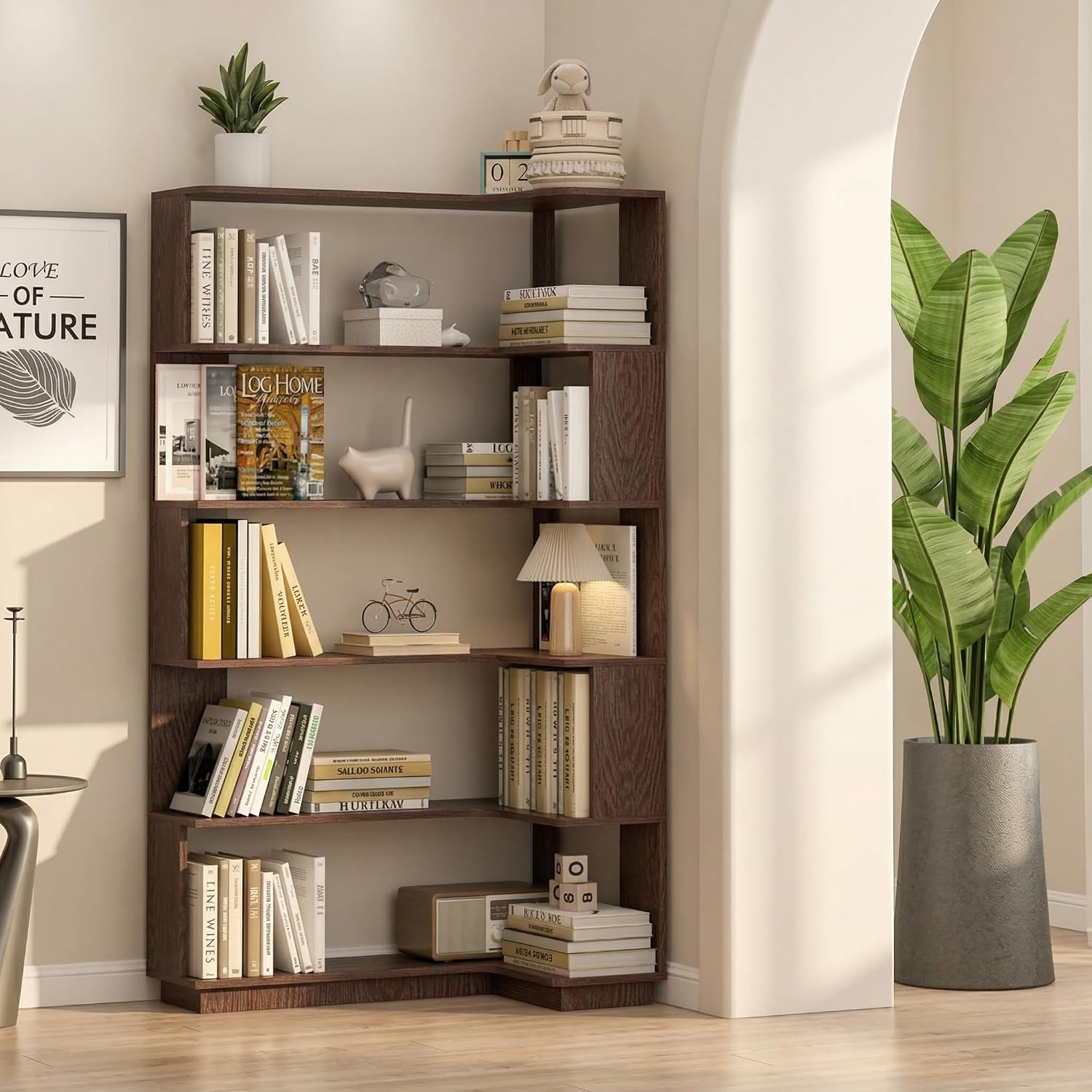 6 Tier Corner Bookshelf, Freestanding L-Shaped Wooden Bookcase with Open Shelves, Anti-Fall Panels and Anti-Tipping Device for Living Room, Home Office (Ox Blood Red with Left Extension)