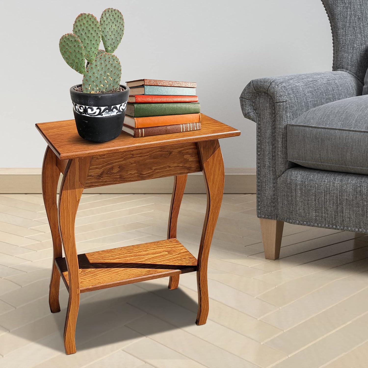 Peaceful Classics Wooden End Table- Amish Handmade Slim Side Table for Living Room, Bedroom, Entry Way, & Hallway, Thin Narrow End Table with 2-Tiered Shelves for Display & Storage, Cherry